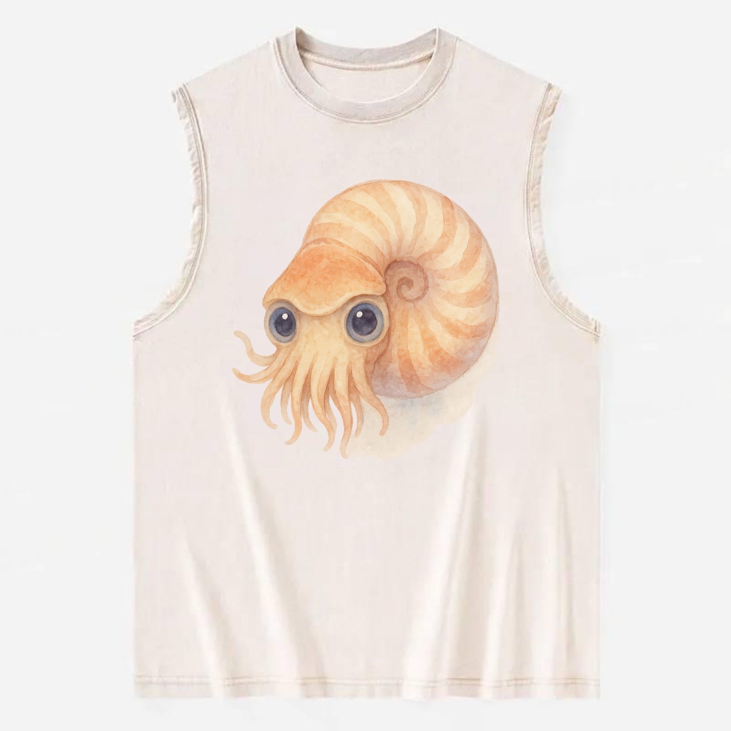 Baby Nautilus - spiral shell, tentacles peeking, ancient eyes, front-facing, - Vintage Washed Tank - Beige
