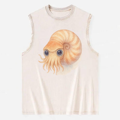 Baby Nautilus - spiral shell, tentacles peeking, ancient eyes, front-facing, - Vintage Washed Tank - Beige