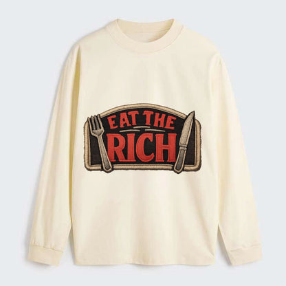 EAT THE RICH - fork and knife with text in red and silver , class war - Classic Long Sleeve Shirt - Beige