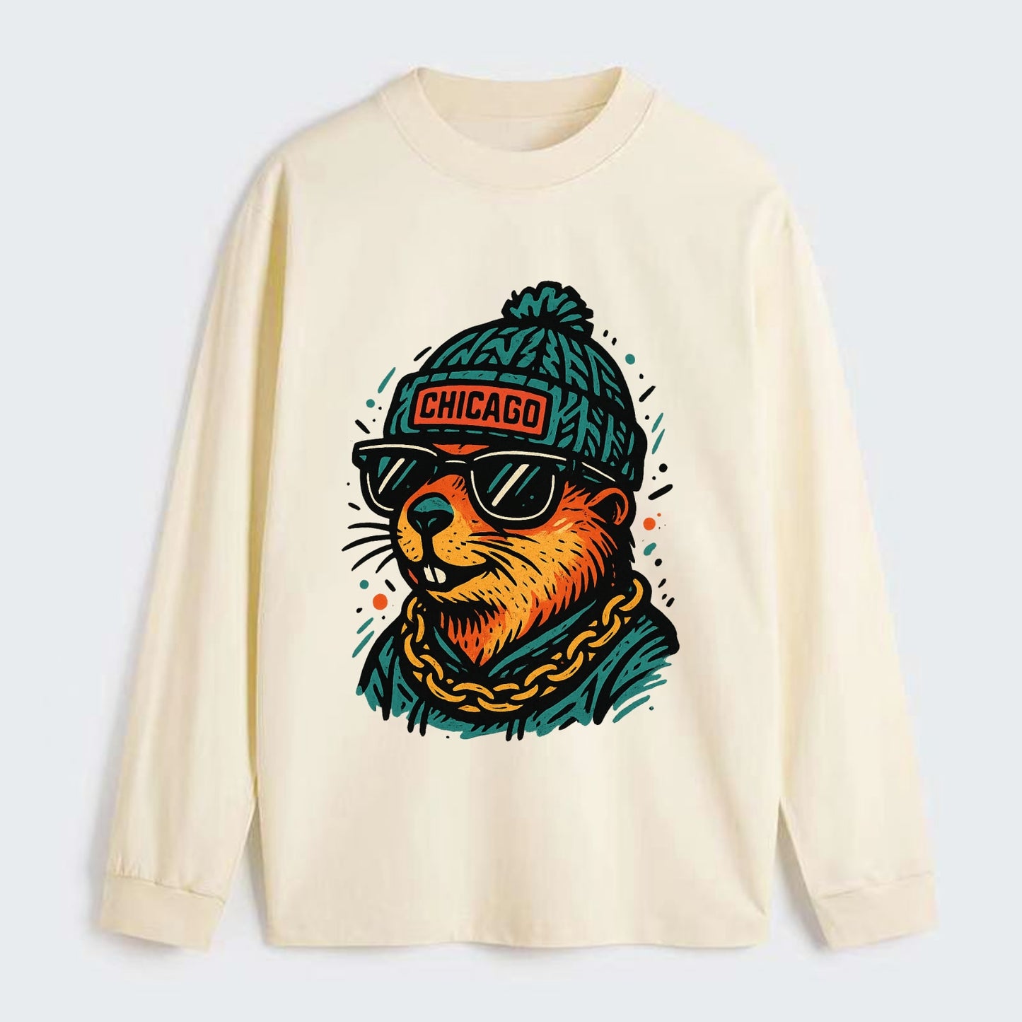 Illinois Prairie Dog wearing Chicago beanie with pom pom and wayfarer - Classic Long Sleeve Shirt - Beige