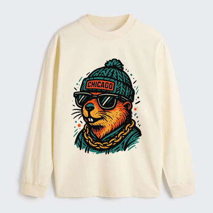 Illinois Prairie Dog wearing Chicago beanie with pom pom and wayfarer - Classic Long Sleeve Shirt - Beige