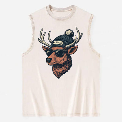 Flagstaff Elk wearing Flagstaff beanie with pom pom and wayfarer sunglasses - Vintage Washed Tank - Beige