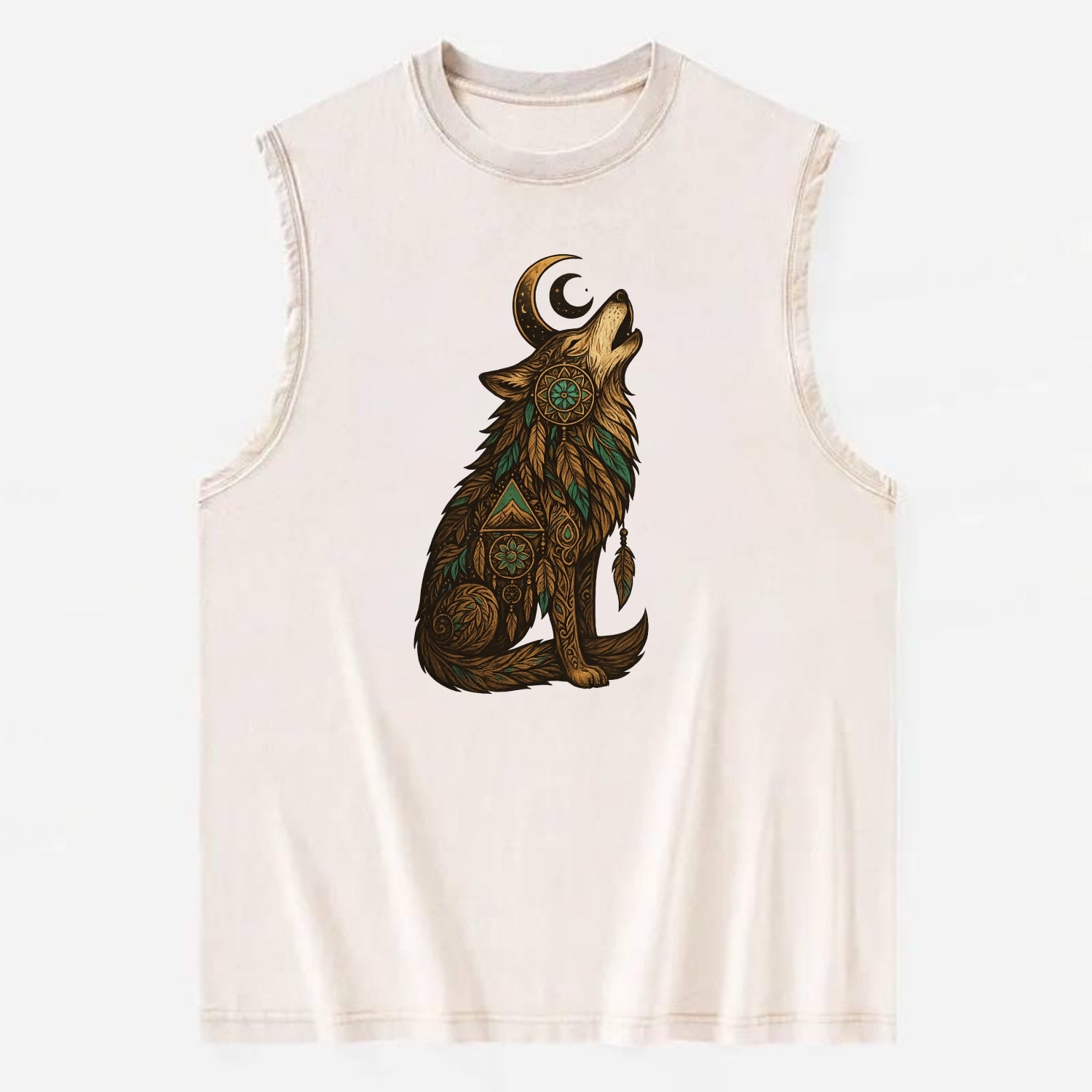 Celestial Moon Wolf  - Vintage Washed Tank - Beige