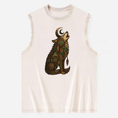 Celestial Moon Wolf  - Vintage Washed Tank - Beige