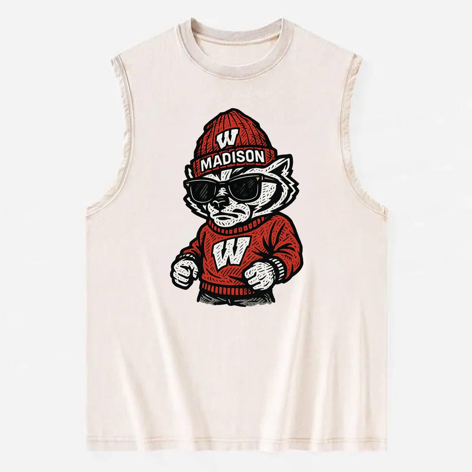 Madison Badger wearing Wisconsin beanie with motion W patch - Vintage Washed Tank - Beige