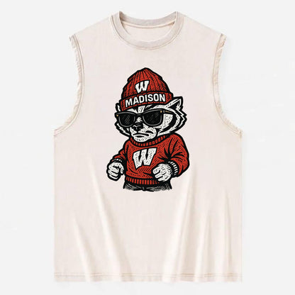 Madison Badger wearing Wisconsin beanie with motion W patch - Vintage Washed Tank - Beige