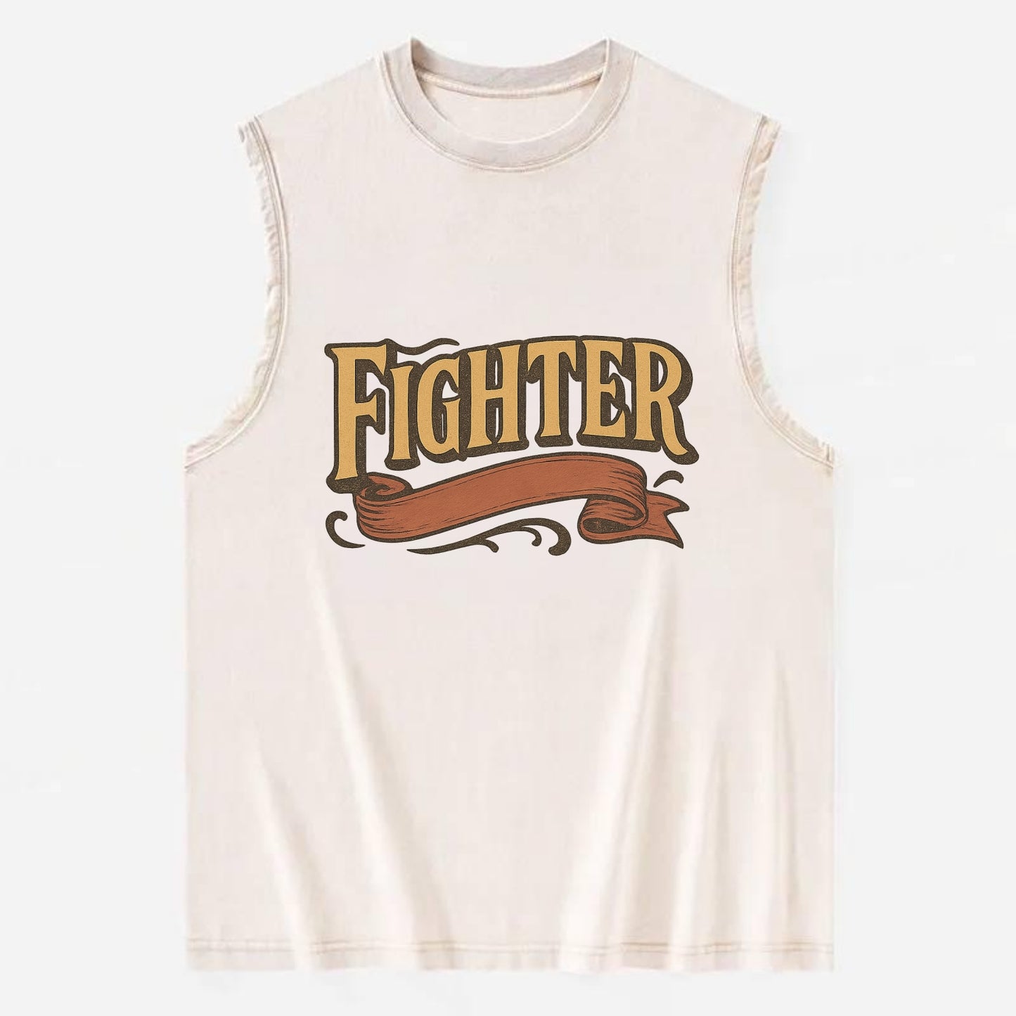 Bold typography design - "FIGHTER" - never giving up, battling on - Vintage Washed Tank - Beige