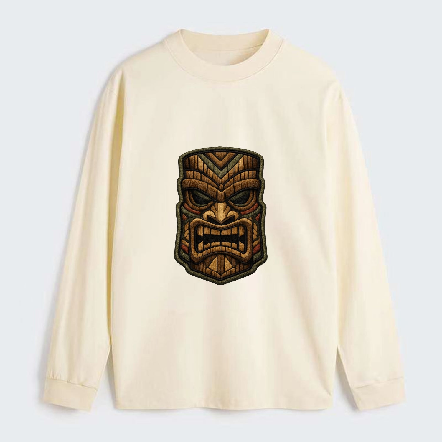 TIKI MASK - carved totem in brown and red , Polynesian - Classic Long Sleeve Shirt - Beige