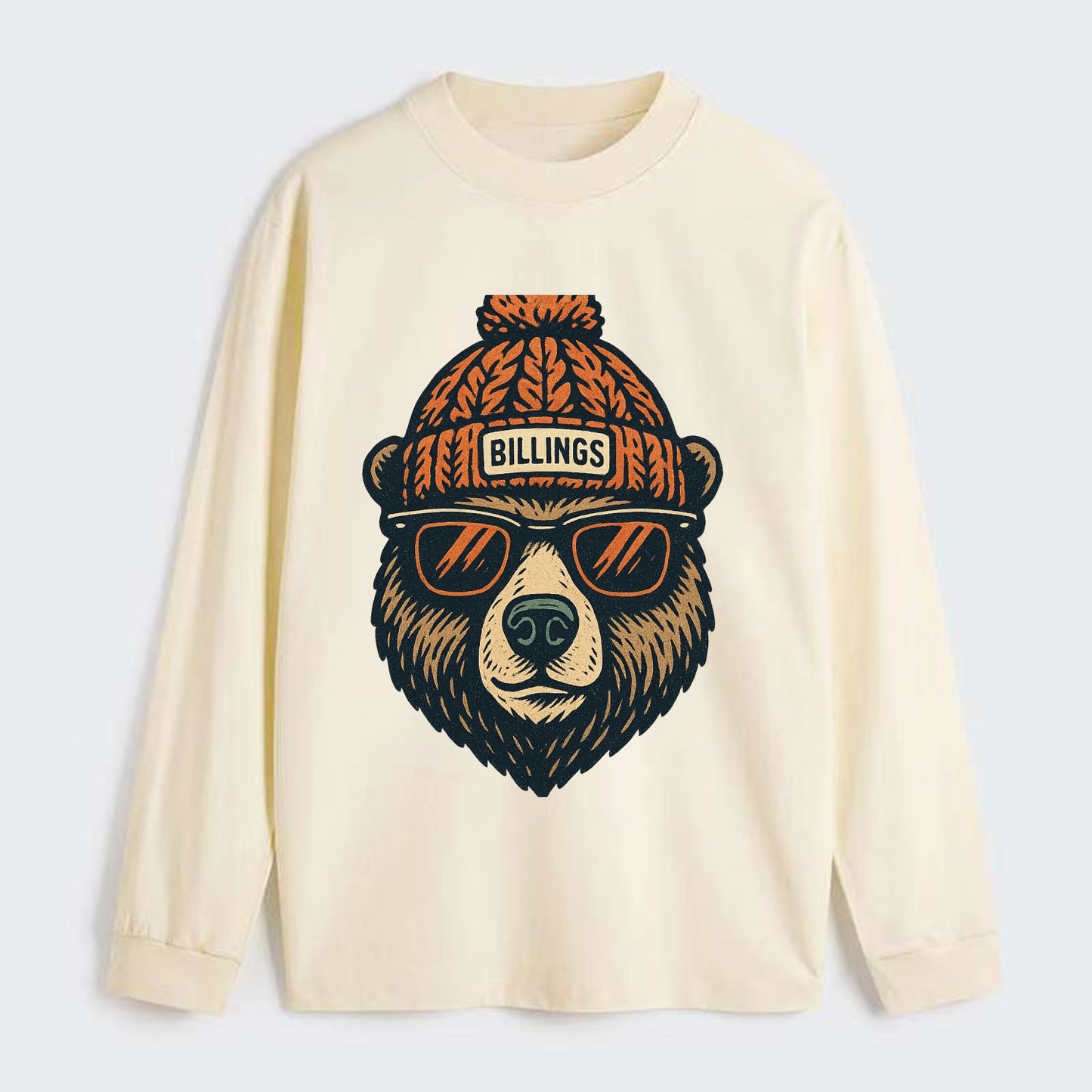 Montana Grizzly Bear wearing Billings beanie with pom pom and wayfarer - Classic Long Sleeve Shirt - Beige