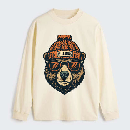 Montana Grizzly Bear wearing Billings beanie with pom pom and wayfarer - Classic Long Sleeve Shirt - Beige