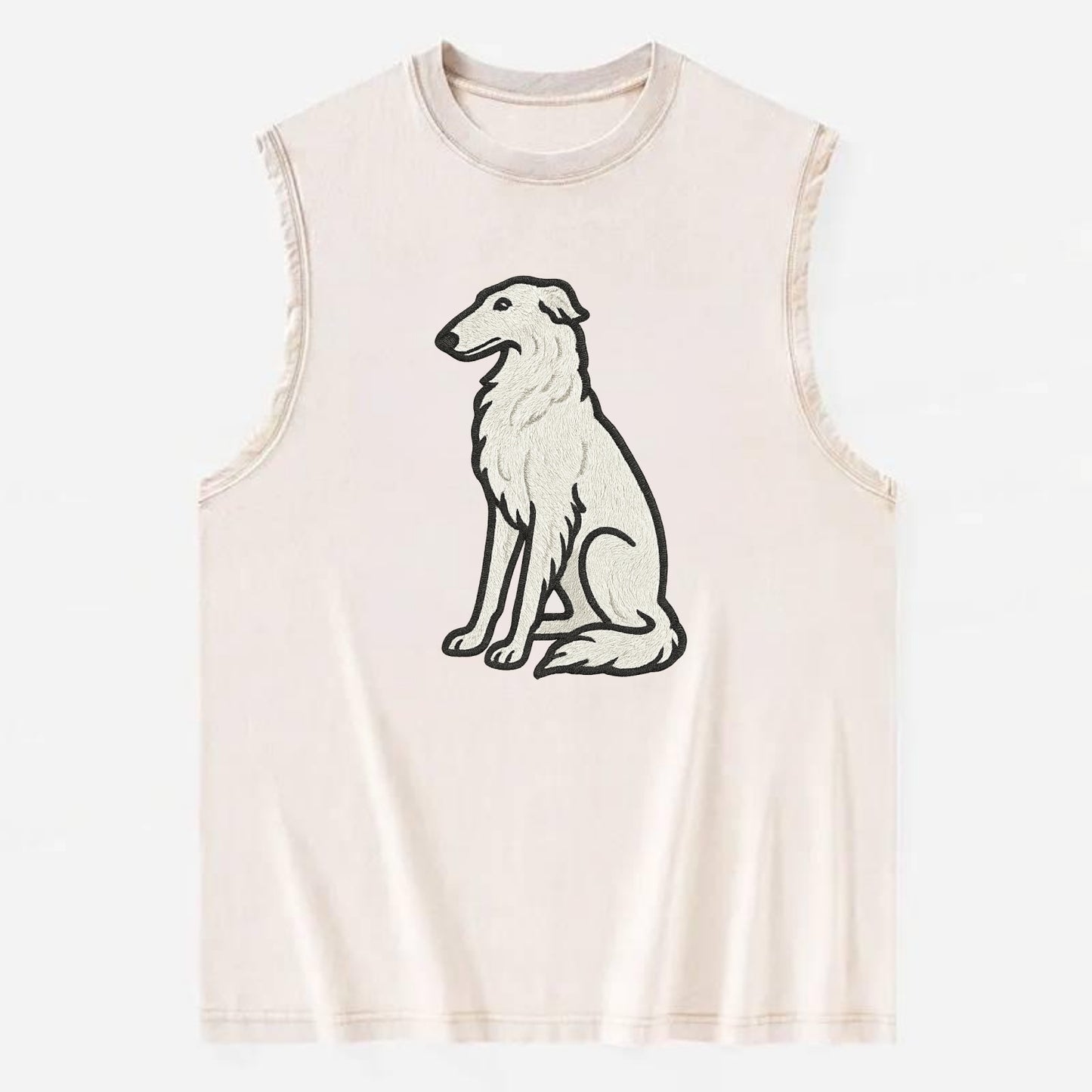 Borzoi - White embroidered sitting pose - Vintage Washed Tank - Beige