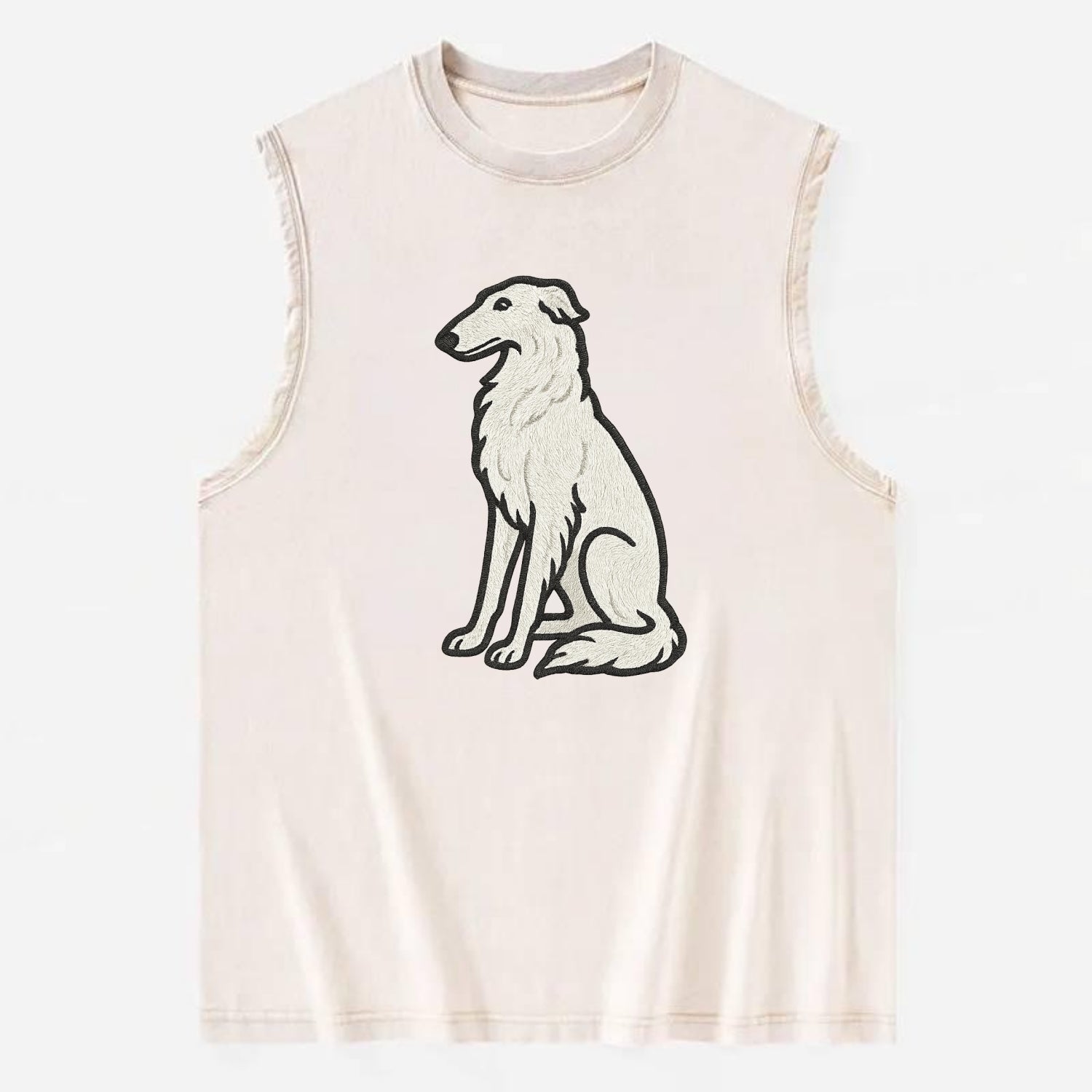 Borzoi - White embroidered sitting pose - Vintage Washed Tank - Beige