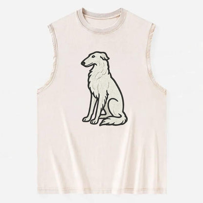 Borzoi - White embroidered sitting pose - Vintage Washed Tank - Beige