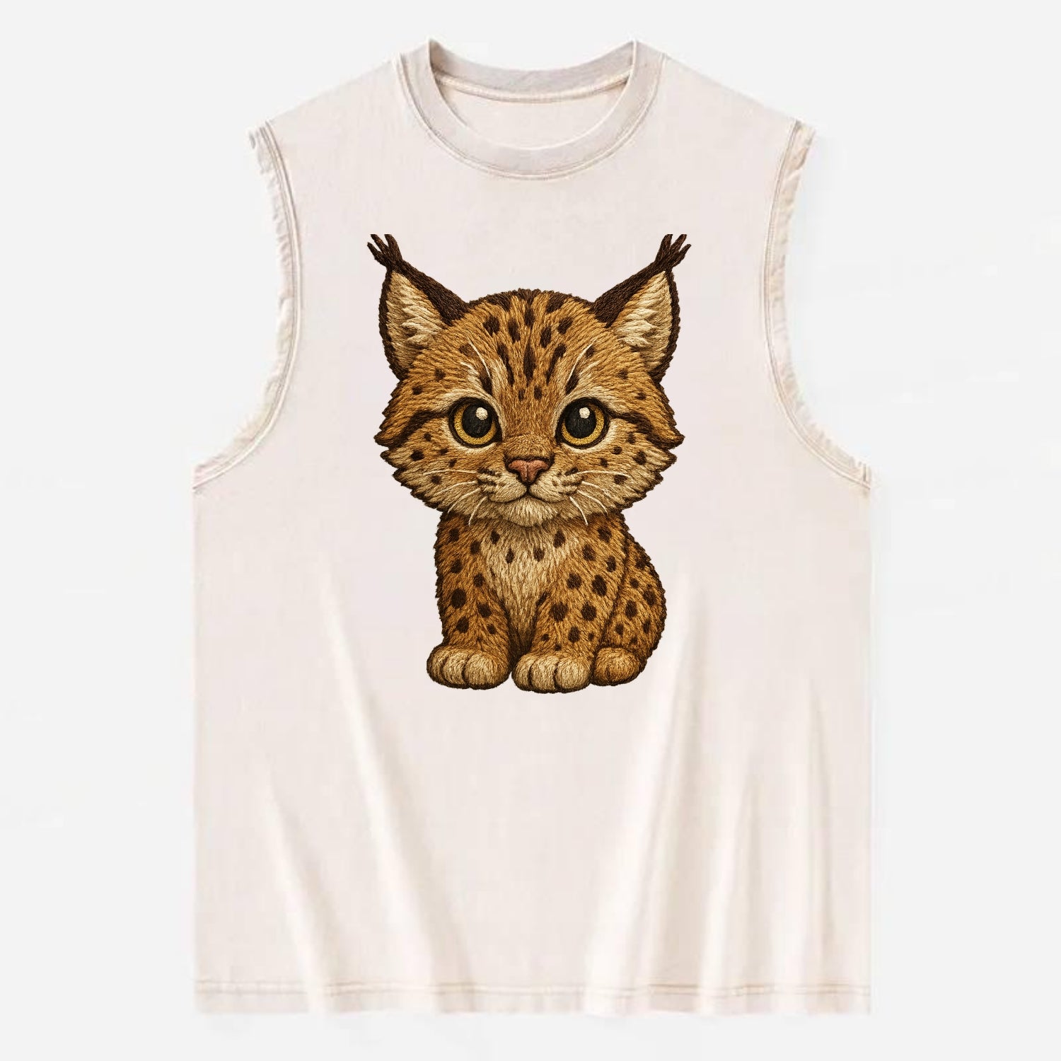 Baby Lynx Cub - tufted ears, spotted fur, golden eyes, front-facing, wild baby - Vintage Washed Tank - Beige