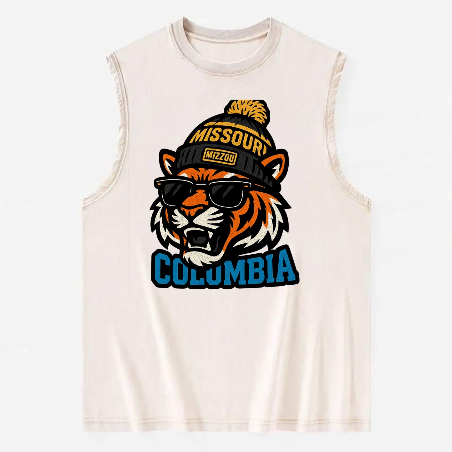 Columbia Tiger wearing Missouri beanie with Mizzou patch - Vintage Washed Tank - Beige