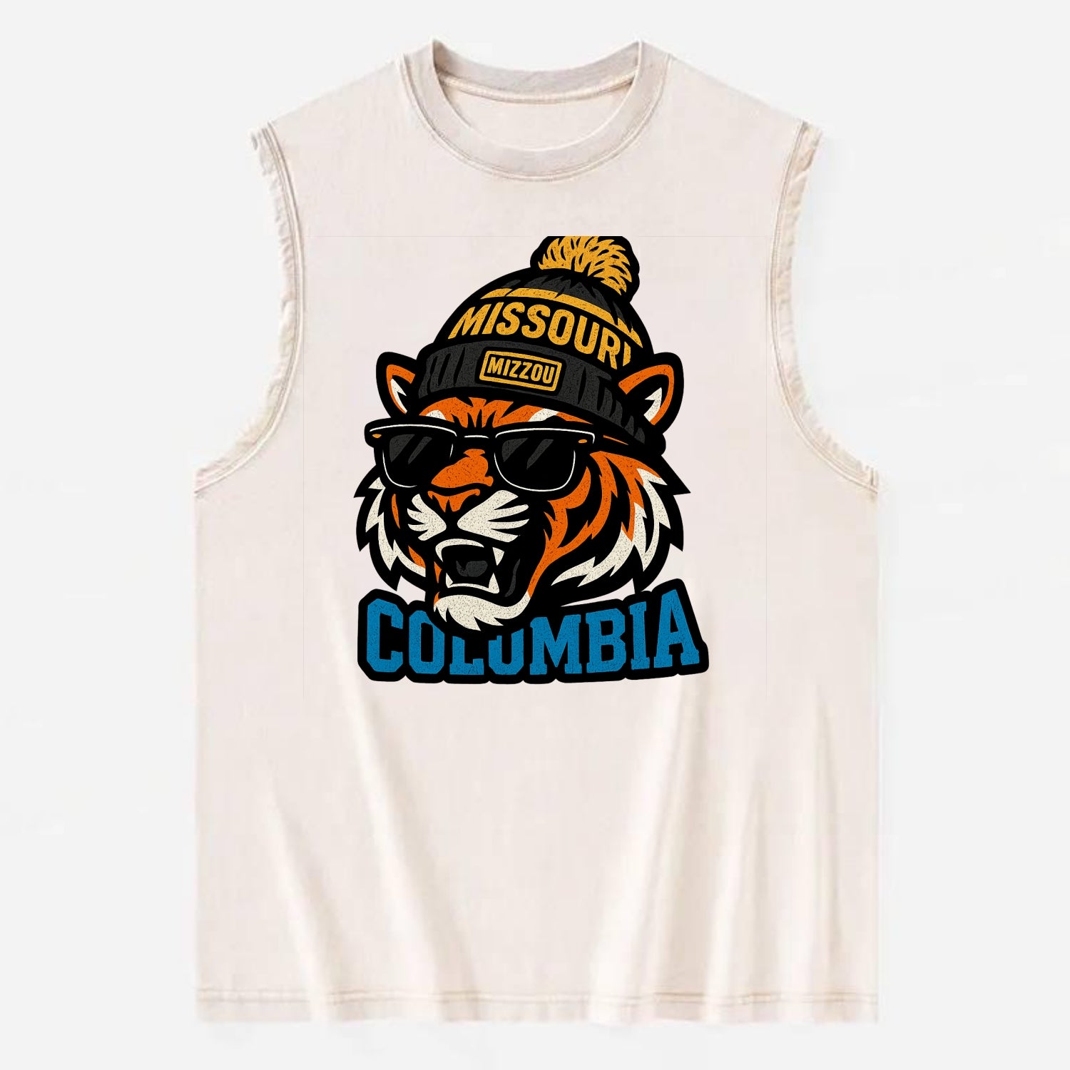 Columbia Tiger wearing Missouri beanie with Mizzou patch - Vintage Washed Tank - Beige