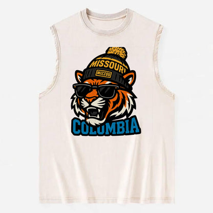 Columbia Tiger wearing Missouri beanie with Mizzou patch - Vintage Washed Tank - Beige