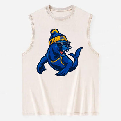 Bay Area Sea Lion wearing Warriors blue and gold beanie with Golden Gate and - Vintage Washed Tank - Beige