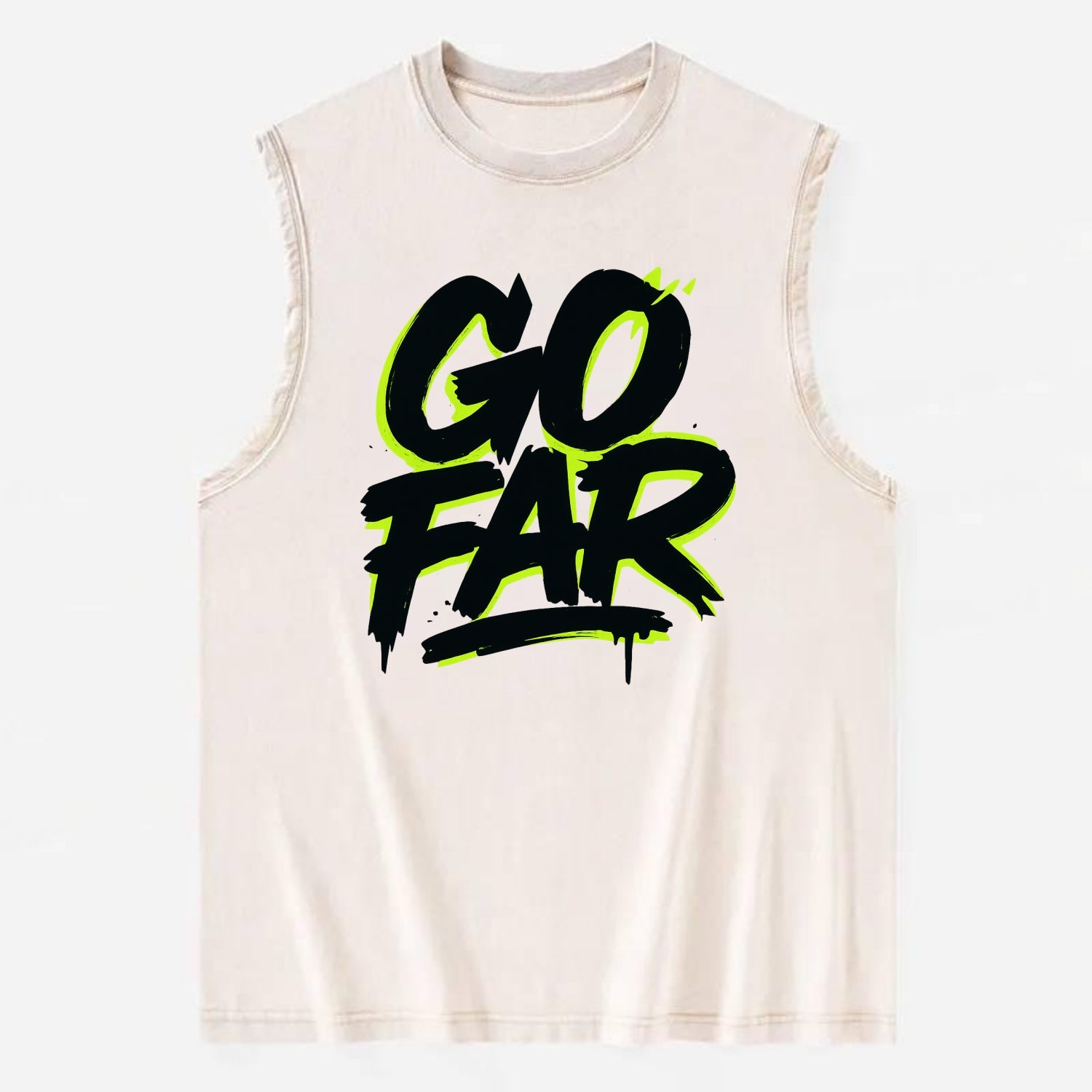 Bold typography design - "GO FAR" - distance goals, pushing limits - Vintage Washed Tank - Beige