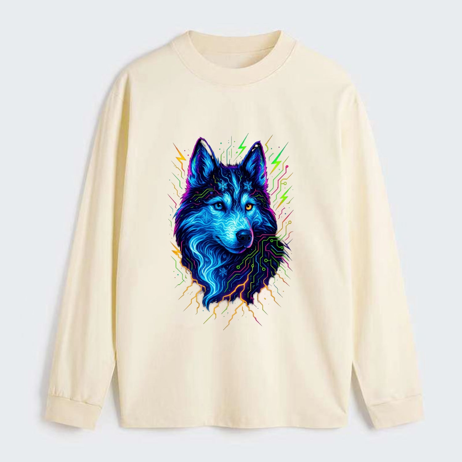 Siberian husky with ice-crystal flowing patterns, electric blue and - Classic Long Sleeve Shirt - Beige