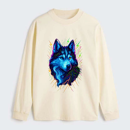 Siberian husky with ice-crystal flowing patterns, electric blue and - Classic Long Sleeve Shirt - Beige