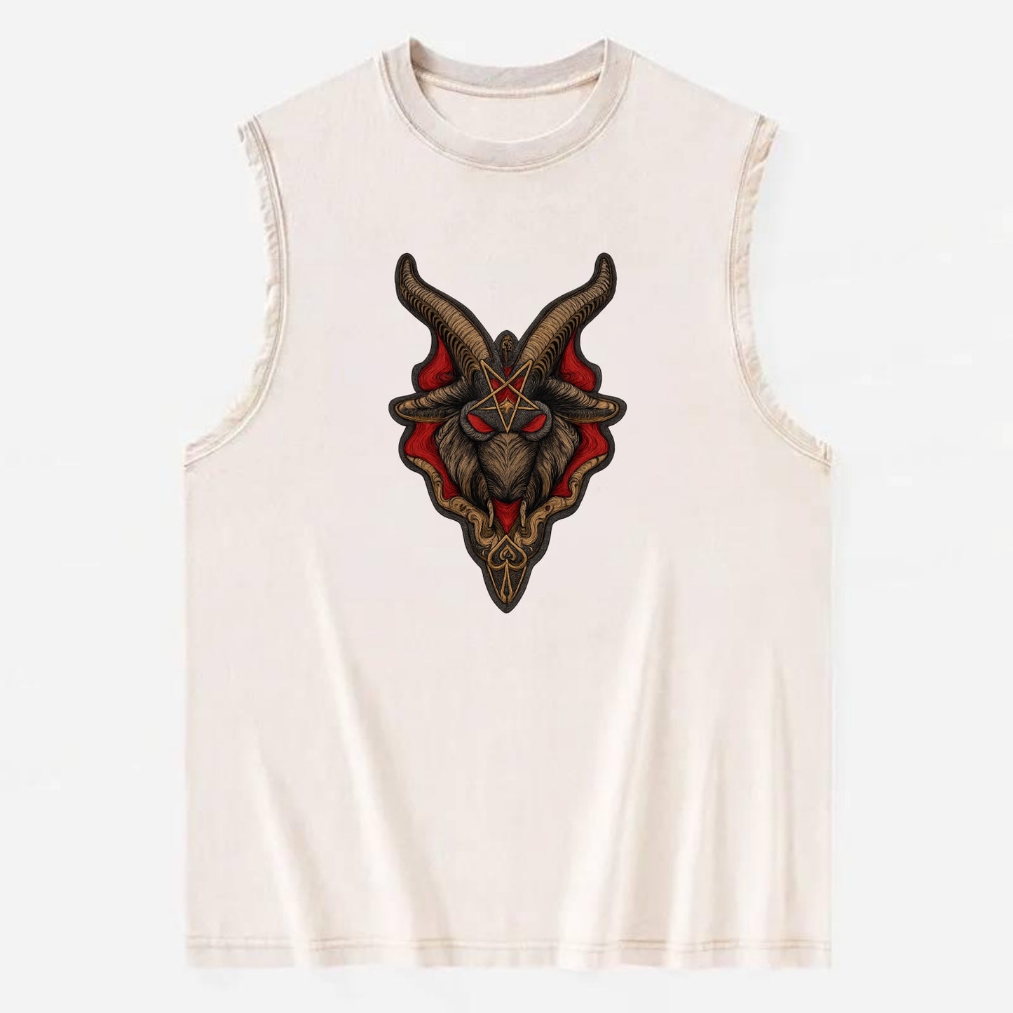BAPHOMET HEAD - goat head symbol in black and red , occult - Vintage Washed Tank - Beige