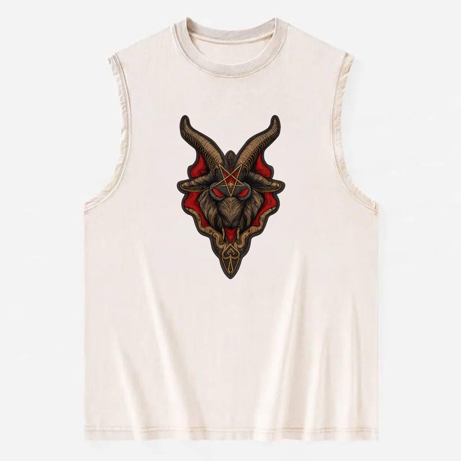 BAPHOMET HEAD - goat head symbol in black and red , occult - Vintage Washed Tank - Beige