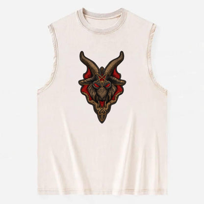 BAPHOMET HEAD - goat head symbol in black and red , occult - Vintage Washed Tank - Beige