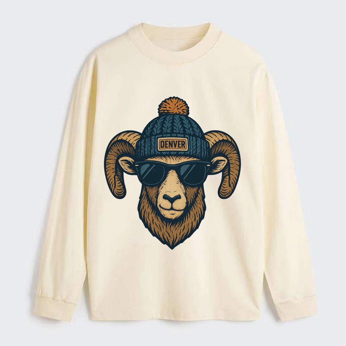 Colorado Rocky Mountain Bighorn Sheep wearing Denver beanie with pom - Classic Long Sleeve Shirt - Beige