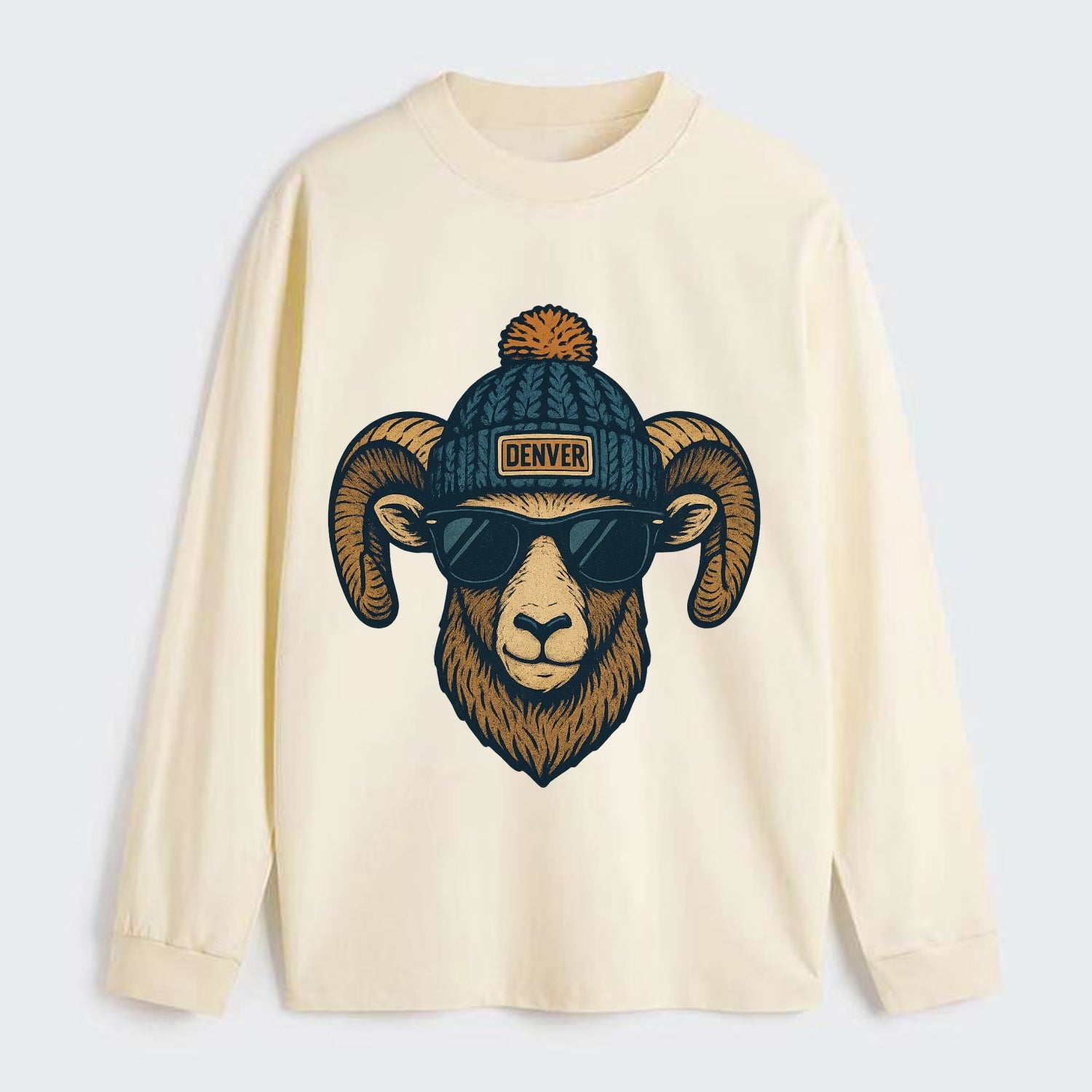 Colorado Rocky Mountain Bighorn Sheep wearing Denver beanie with pom - Classic Long Sleeve Shirt - Beige