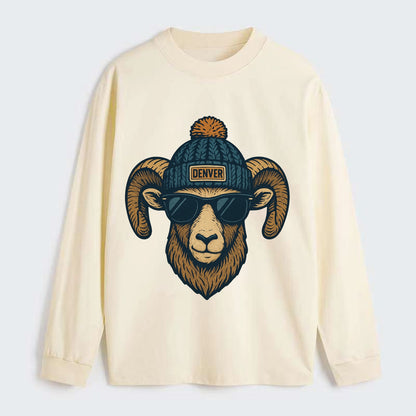 Colorado Rocky Mountain Bighorn Sheep wearing Denver beanie with pom - Classic Long Sleeve Shirt - Beige
