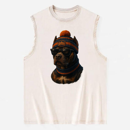 Chicago Pitbull wearing Bears beanie with skyline patch and wayfarer - Vintage Washed Tank - Beige