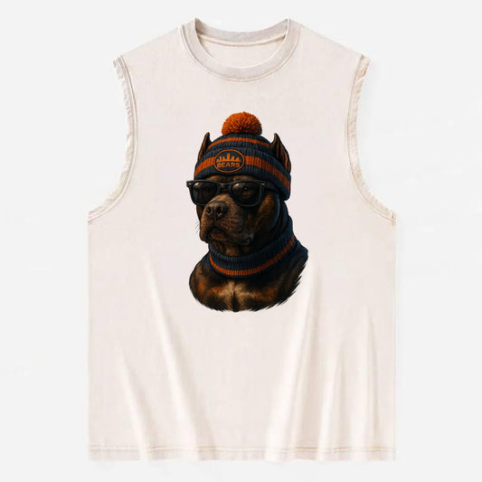 Chicago Pitbull wearing Bears beanie with skyline patch and wayfarer - Vintage Washed Tank - Beige