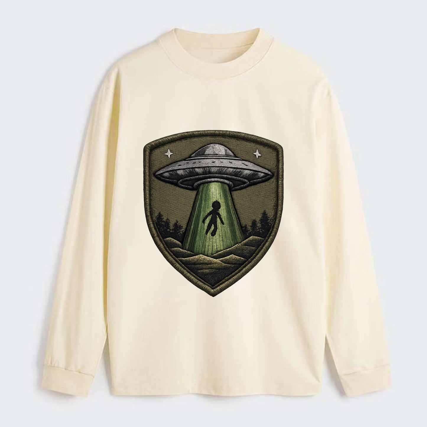 UFO ALIEN - flying saucer with beam in silver and green , - Classic Long Sleeve Shirt - Beige