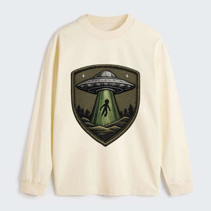UFO ALIEN - flying saucer with beam in silver and green , - Classic Long Sleeve Shirt - Beige