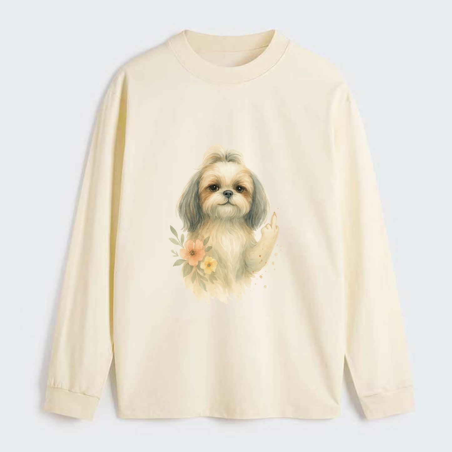 Shih Tzu with long flowing silky hair, tiny paw showing attitude - Classic Long Sleeve Shirt - Beige