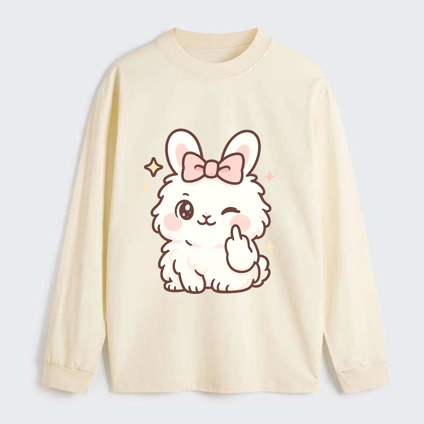 fluffy white angora rabbit with pink bow, one paw delicately flipping - Classic Long Sleeve Shirt - Beige
