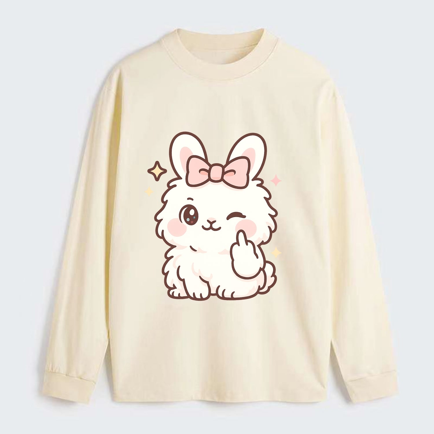 fluffy white angora rabbit with pink bow, one paw delicately flipping - Classic Long Sleeve Shirt - Beige