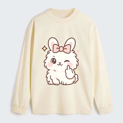fluffy white angora rabbit with pink bow, one paw delicately flipping - Classic Long Sleeve Shirt - Beige