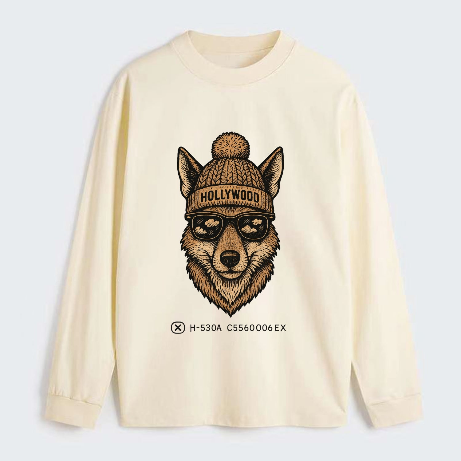 LA Coyote wearing Hollywood beanie with pom pom and wayfarer sunglasses - Classic Long Sleeve Shirt - Beige