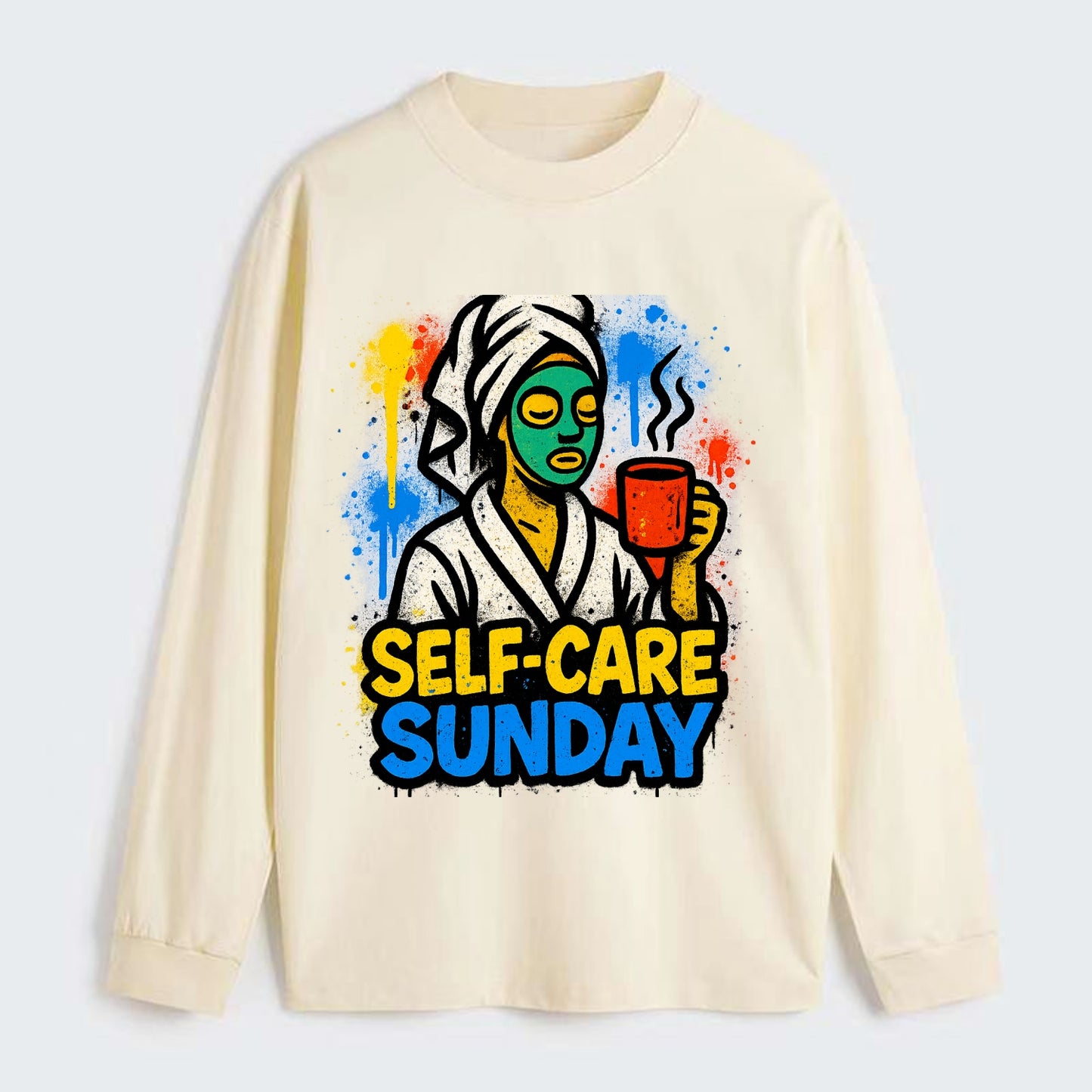 Person in bathrobe with face mask and tea - self-care Sunday ritual, - Classic Long Sleeve Shirt - Beige