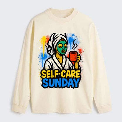 Person in bathrobe with face mask and tea - self-care Sunday ritual, - Classic Long Sleeve Shirt - Beige