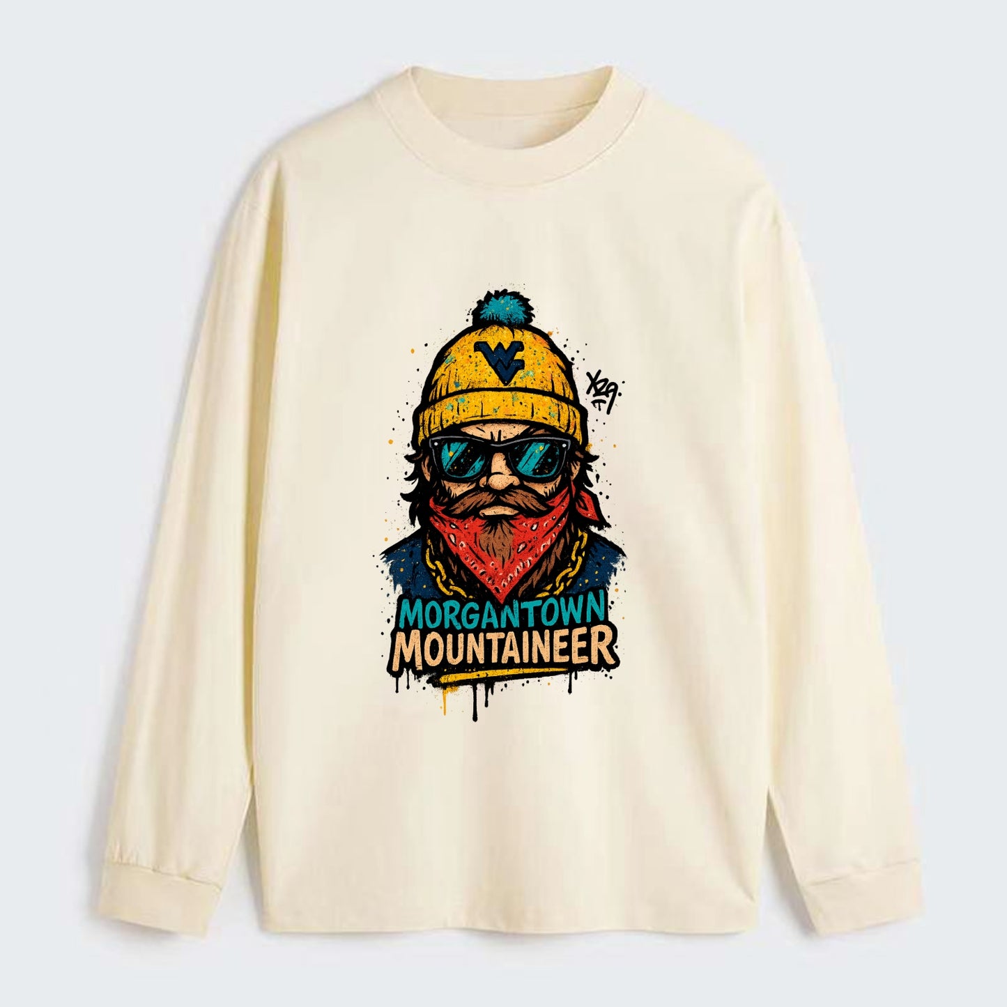 Morgantown Mountaineer wearing West Virginia beanie with WV patch - Classic Long Sleeve Shirt - Beige