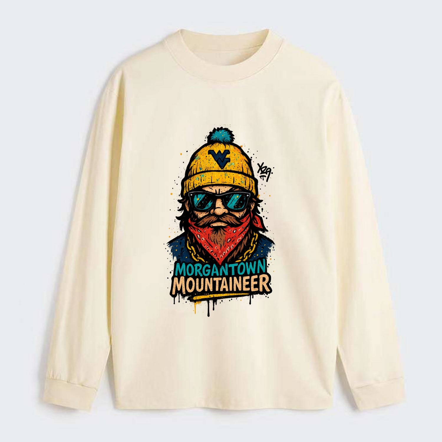 Morgantown Mountaineer wearing West Virginia beanie with WV patch - Classic Long Sleeve Shirt - Beige