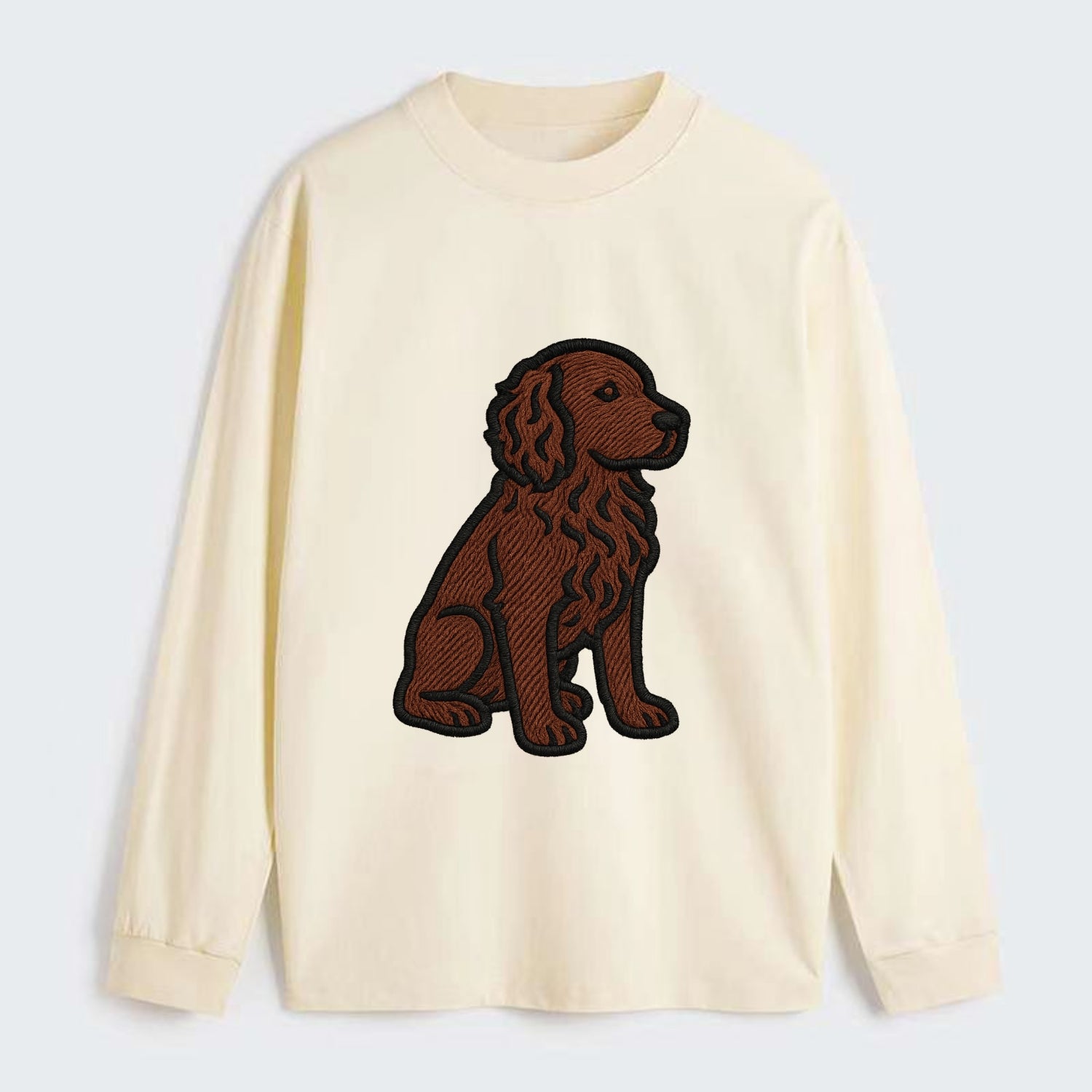 Boykin Spaniel - Rich chocolate brown wavy coat embroidered sitting pose - Classic Long Sleeve Shirt - Beige