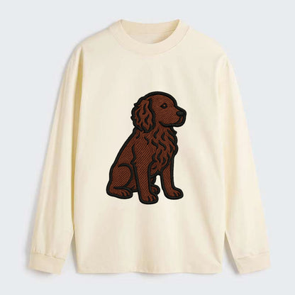 Boykin Spaniel - Rich chocolate brown wavy coat embroidered sitting pose - Classic Long Sleeve Shirt - Beige