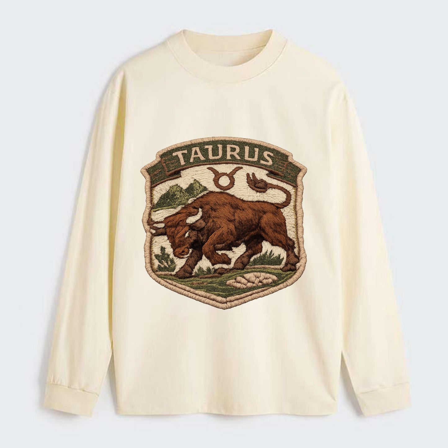 TAURUS BULL - strong bull in brown and green , earth sign - Classic Long Sleeve Shirt - Beige