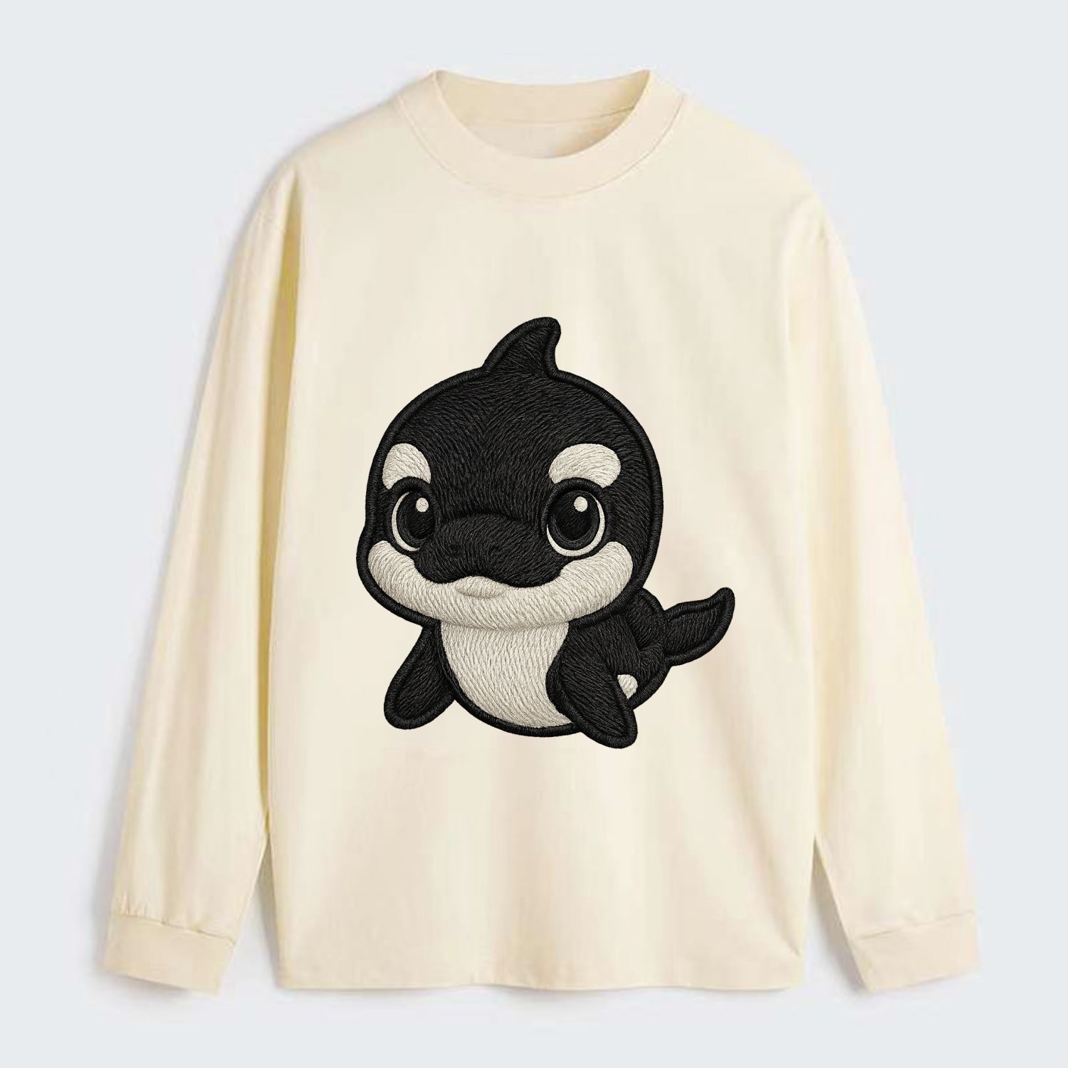 Baby Orca - black and white pattern, white eye patch, front-facing, - Classic Long Sleeve Shirt - Beige