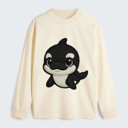 Baby Orca - black and white pattern, white eye patch, front-facing, - Classic Long Sleeve Shirt - Beige