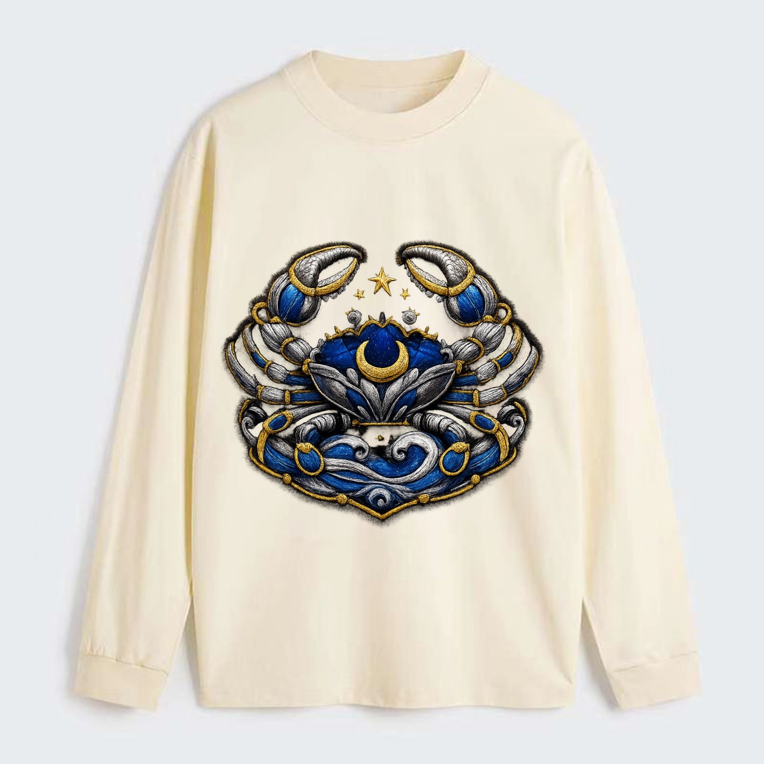 CANCER CRAB - protective crab in silver and blue , water sign - Classic Long Sleeve Shirt - Beige